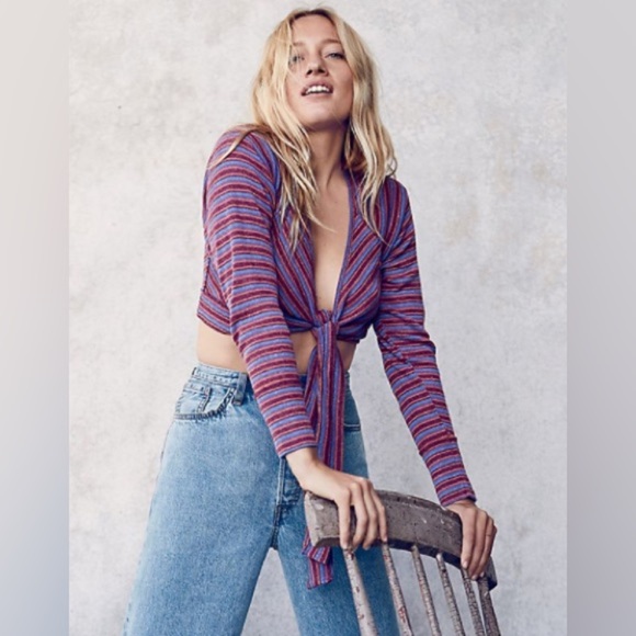 Free People Linen Blend Wrap Front Cropped Striped Cardigan Small - Picture 1 of 6